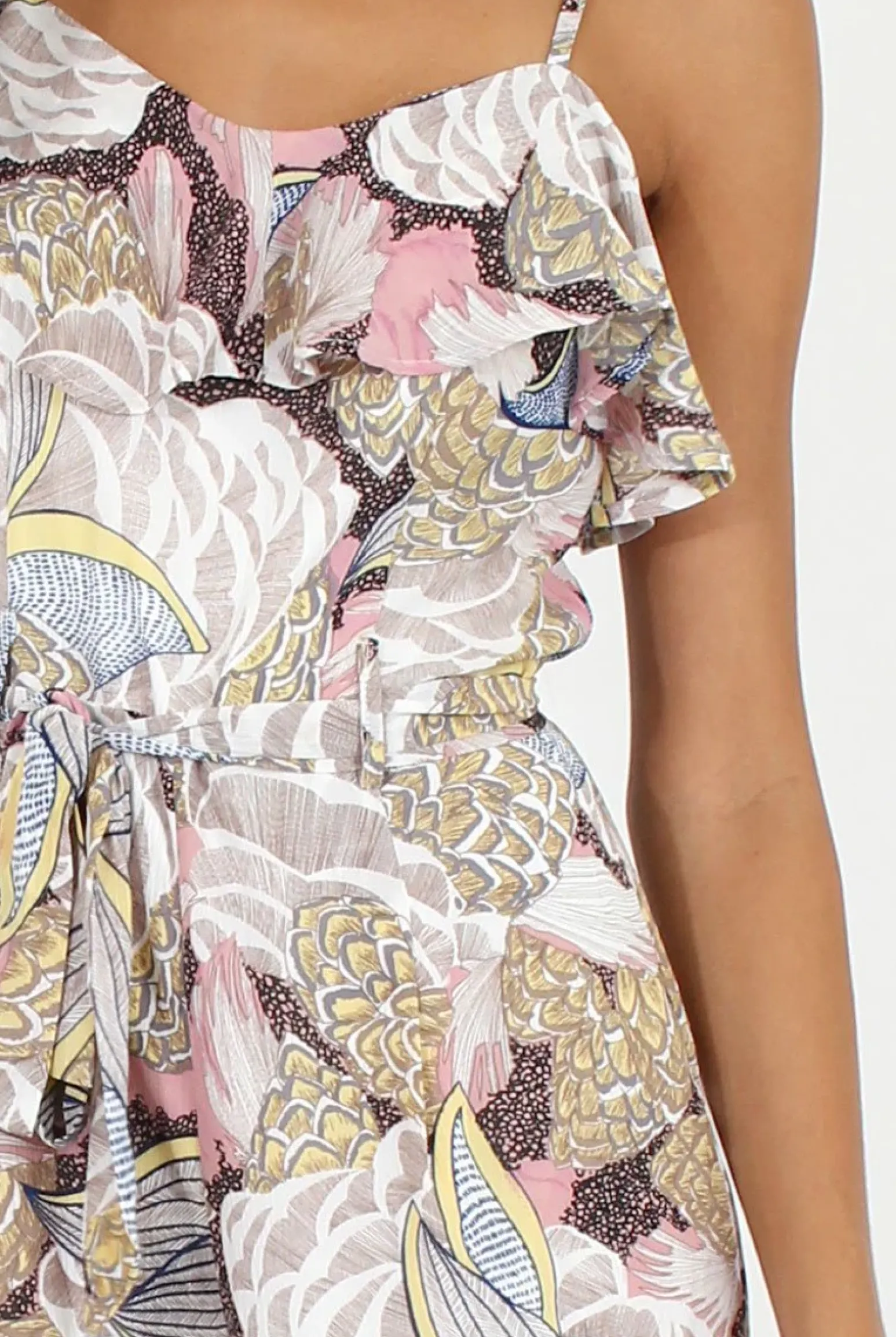 Rebellious Fashion Beige Multi Floral Print Frill Playsuit - Lorna