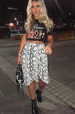 Rebellious Fashion Beige Navy Snake Print Ruffle Midi Skirt - Dominique