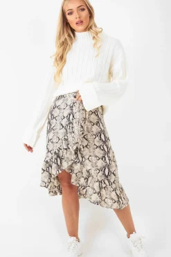 Rebellious Fashion Beige Navy Snake Print Ruffle Midi Skirt - Dominique