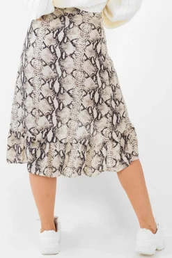 Rebellious Fashion Beige Navy Snake Print Ruffle Midi Skirt - Dominique