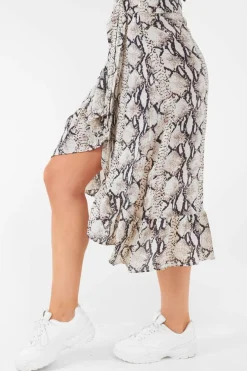 Rebellious Fashion Beige Navy Snake Print Ruffle Midi Skirt - Dominique