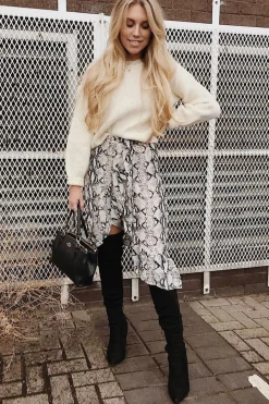 Rebellious Fashion Beige Navy Snake Print Ruffle Midi Skirt - Dominique