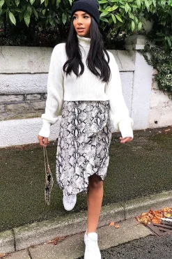 Rebellious Fashion Beige Navy Snake Print Ruffle Midi Skirt - Dominique