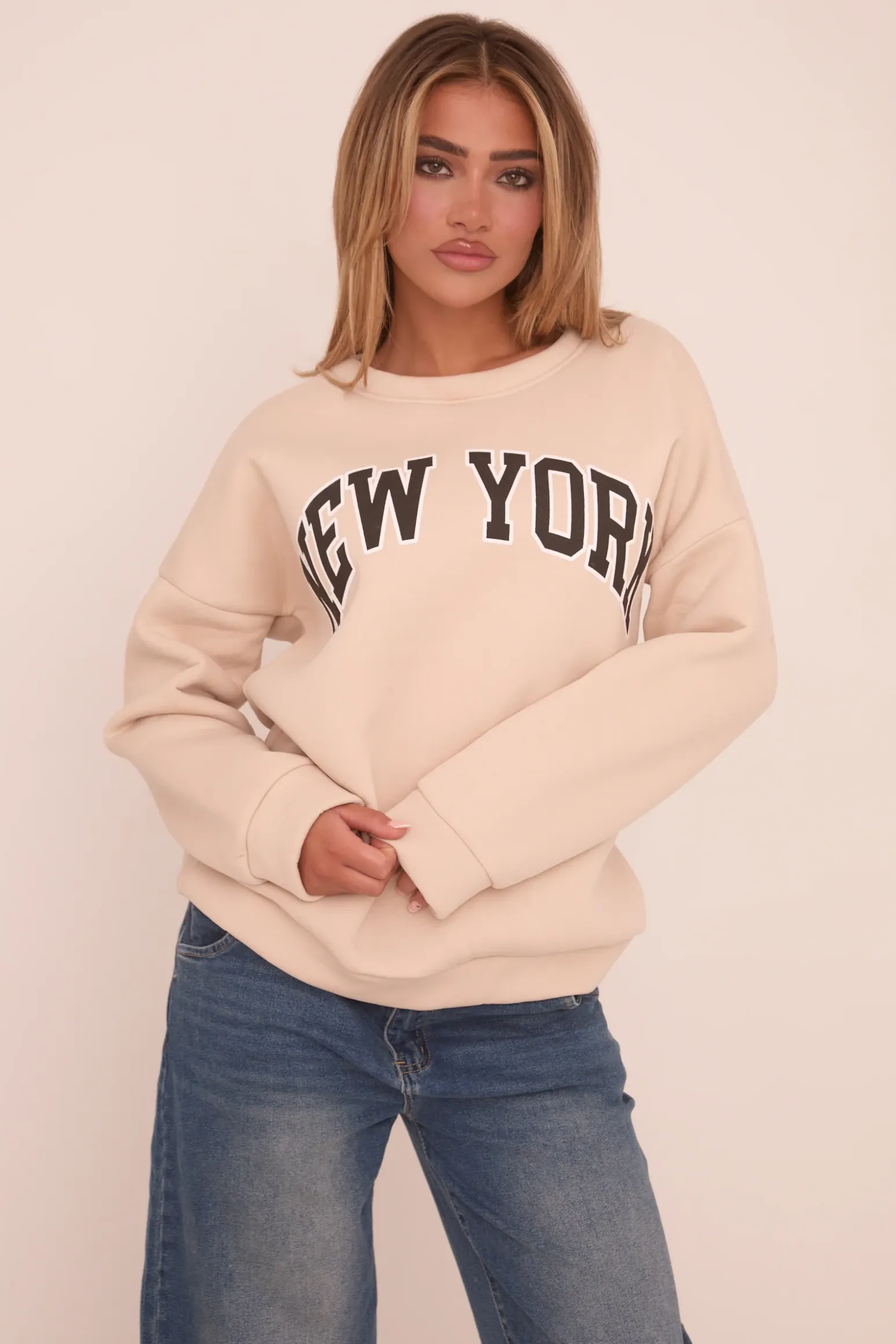 Rebellious Fashion Beige New York Print Sweatshirt - Eternity