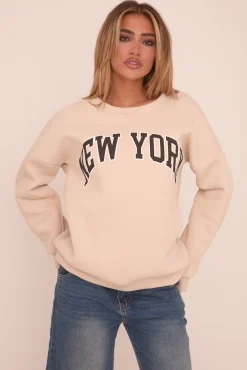 Rebellious Fashion Beige New York Print Sweatshirt - Eternity