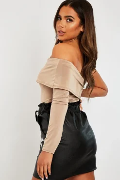 Rebellious Fashion Beige One Sleeve Bardot Top - Kaely