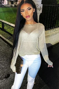 Rebellious Fashion Beige Open Knit Backless Tie Back Jumper - Holdyn