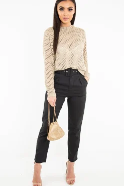Rebellious Fashion Beige Open Knit Backless Tie Back Jumper - Holdyn