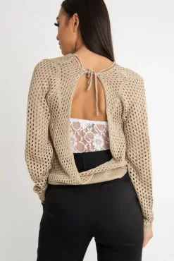 Rebellious Fashion Beige Open Knit Backless Tie Back Jumper - Holdyn