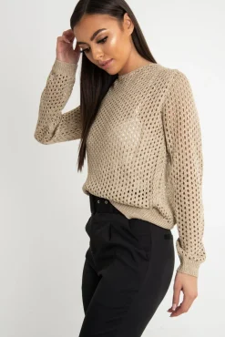 Rebellious Fashion Beige Open Knit Backless Tie Back Jumper - Holdyn