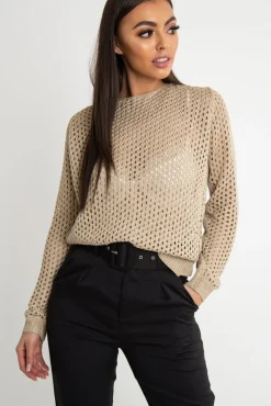 Rebellious Fashion Beige Open Knit Backless Tie Back Jumper - Holdyn