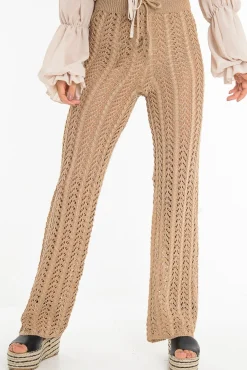 Rebellious Fashion Beige Open Knit Tie Waist Flared Trousers - Nadine