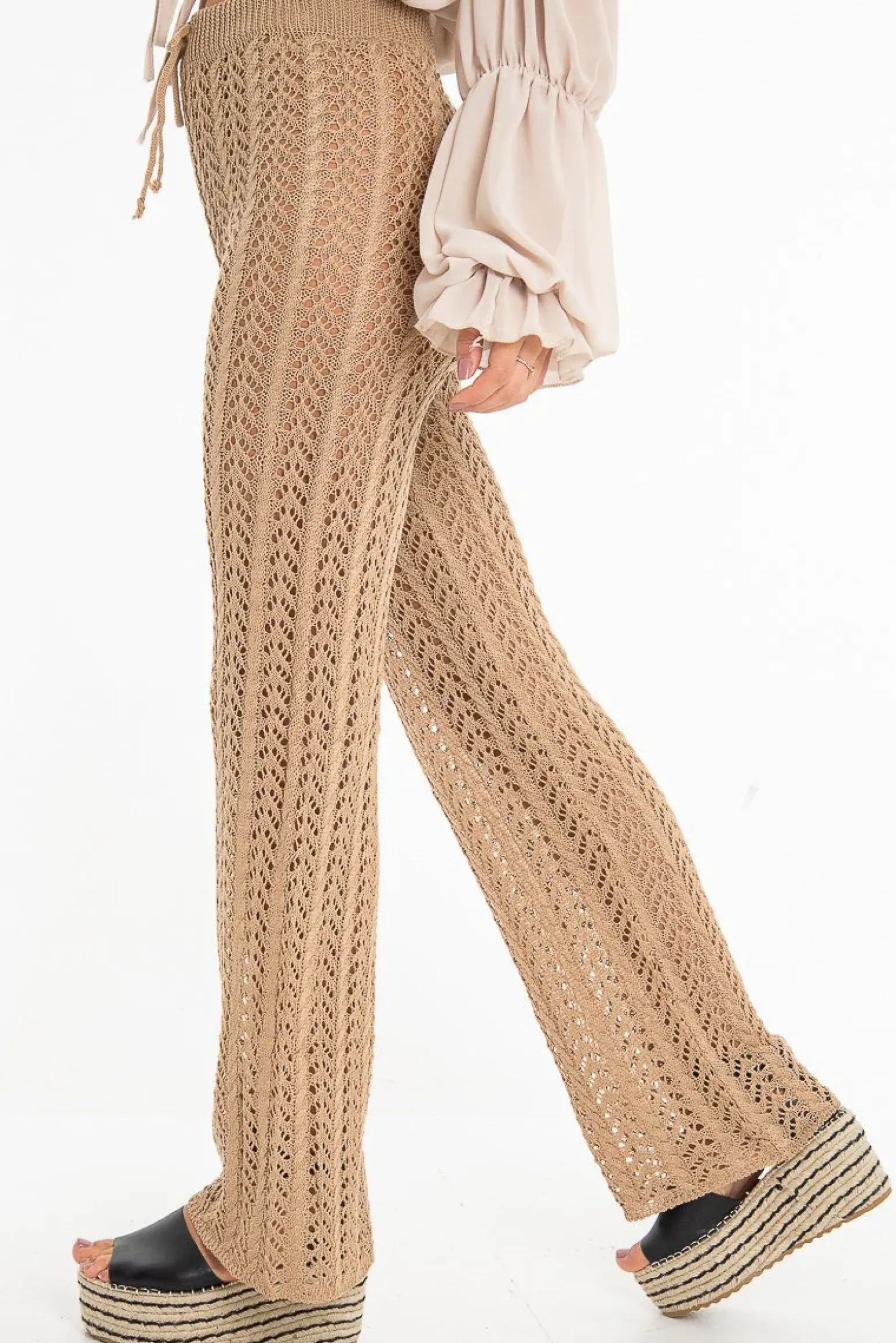 Rebellious Fashion Beige Open Knit Tie Waist Flared Trousers - Nadine