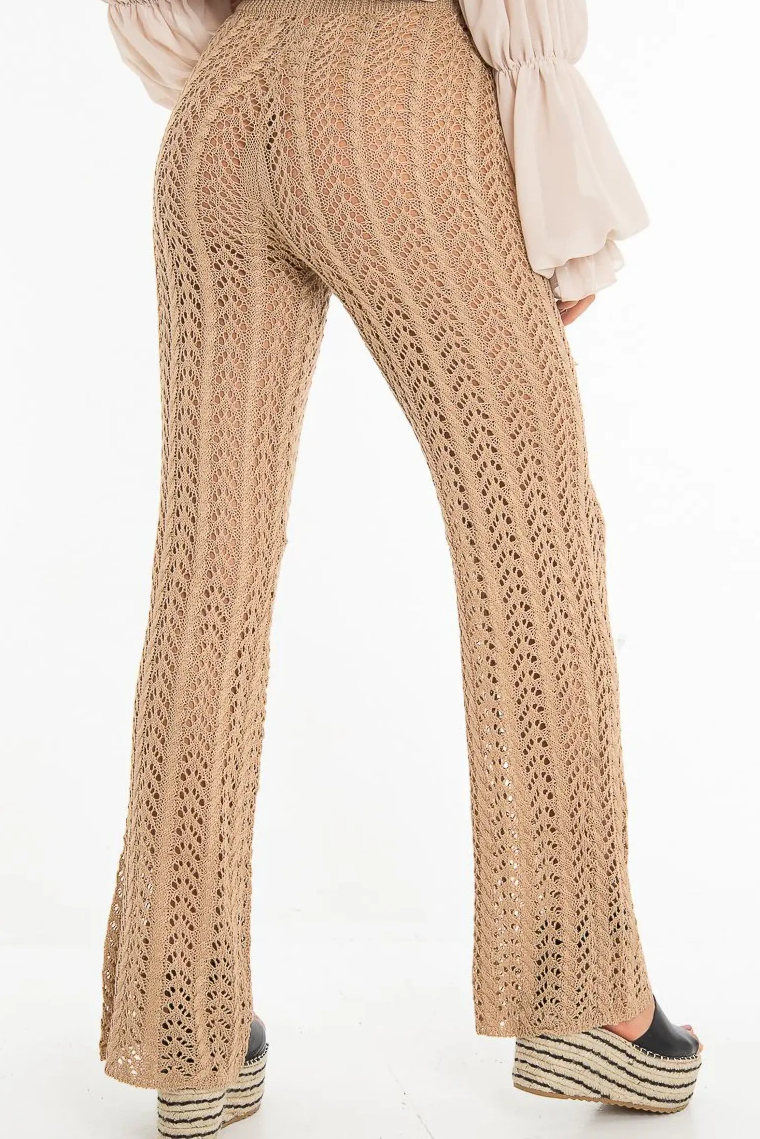 Rebellious Fashion Beige Open Knit Tie Waist Flared Trousers - Nadine
