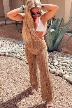 Rebellious Fashion Beige Open Knit Tie Waist Flared Trousers - Nadine