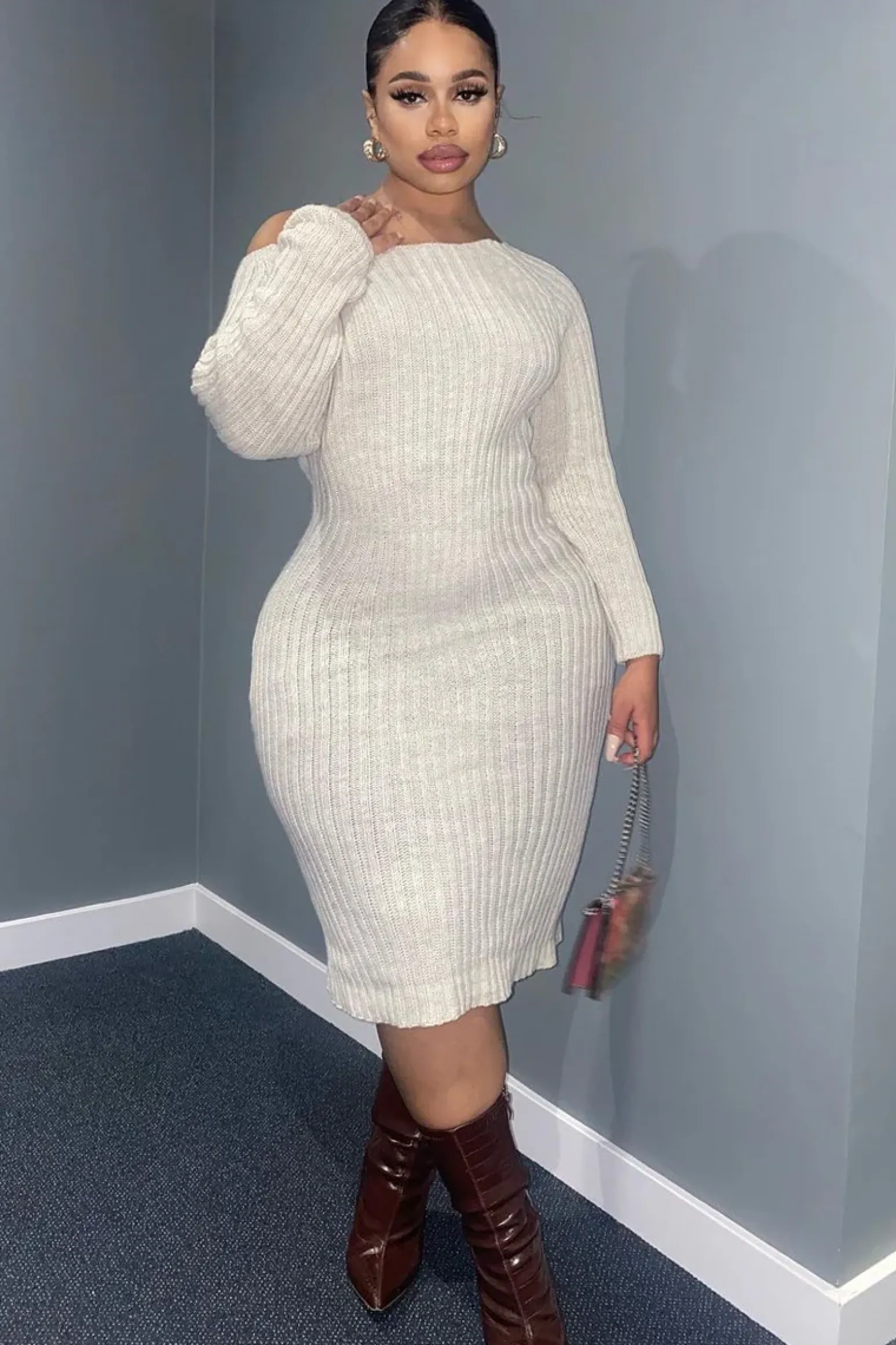 Rebellious Fashion Beige Open Twist Back Midi Bodycon Jumper Dress - Karrah
