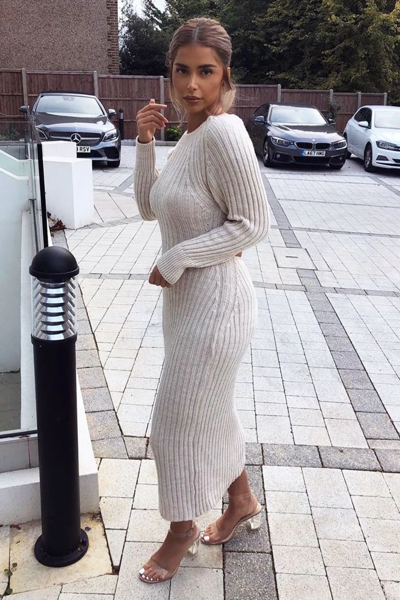 Rebellious Fashion Beige Open Twist Back Midi Bodycon Jumper Dress - Karrah