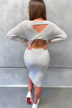 Rebellious Fashion Beige Open Twist Back Midi Bodycon Jumper Dress - Karrah
