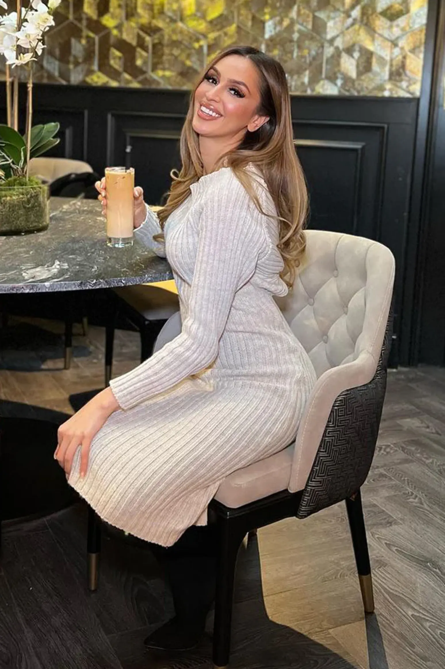 Rebellious Fashion Beige Open Twist Back Midi Bodycon Jumper Dress - Karrah