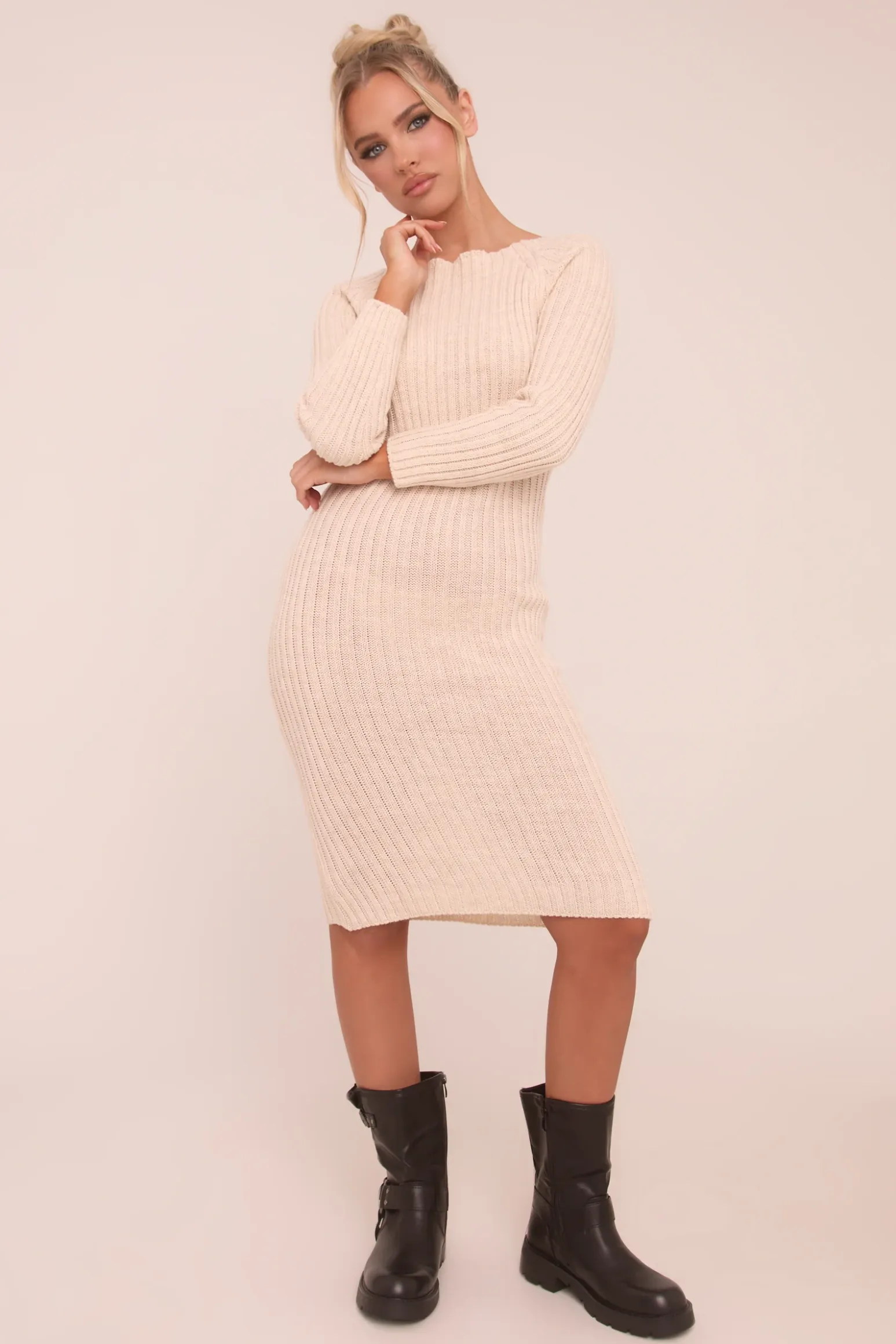 Rebellious Fashion Beige Open Twist Back Midi Bodycon Jumper Dress - Karrah