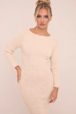 Rebellious Fashion Beige Open Twist Back Midi Bodycon Jumper Dress - Karrah