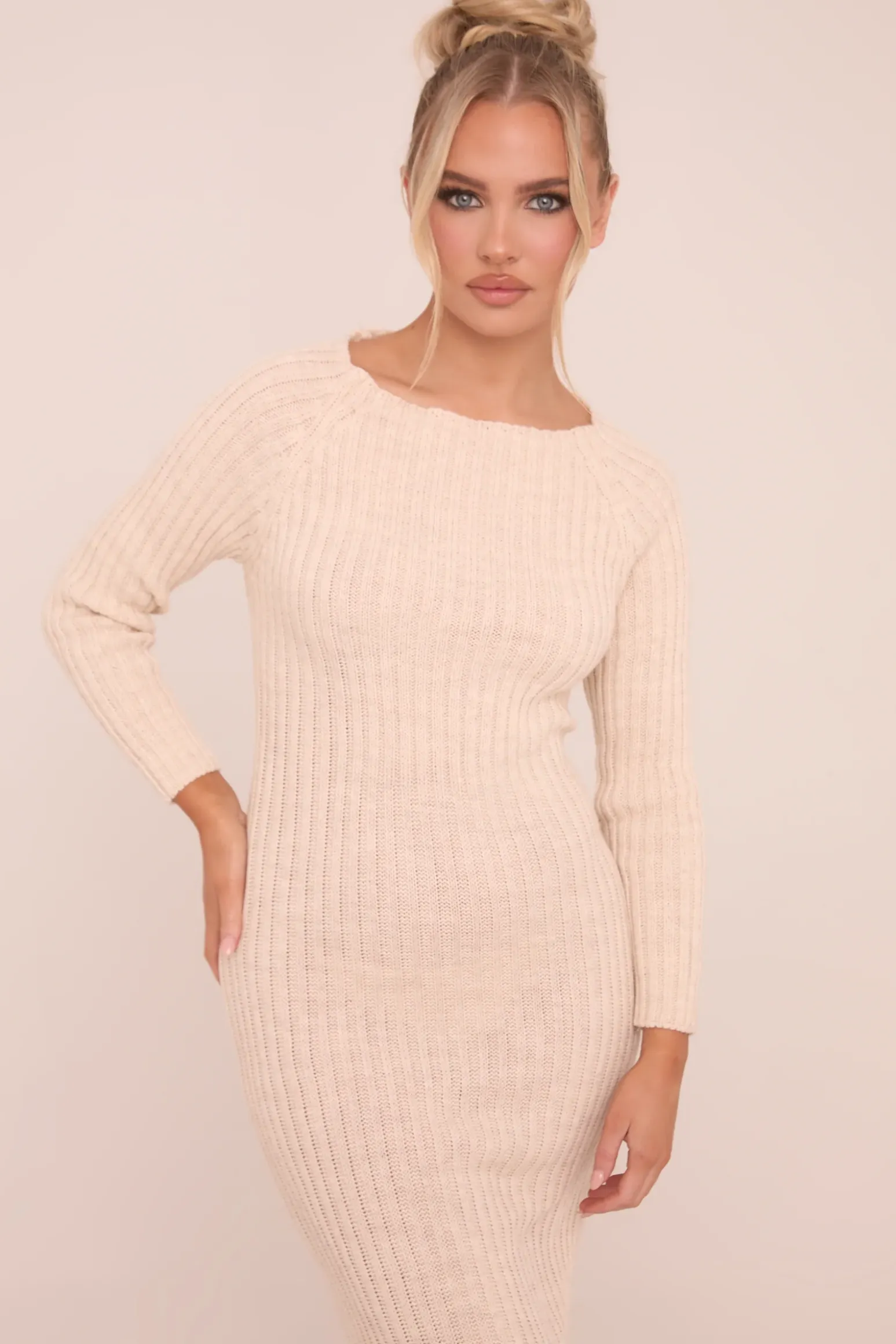 Rebellious Fashion Beige Open Twist Back Midi Bodycon Jumper Dress - Karrah