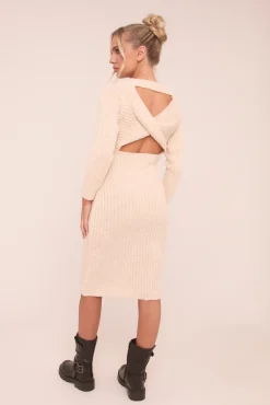 Rebellious Fashion Beige Open Twist Back Midi Bodycon Jumper Dress - Karrah