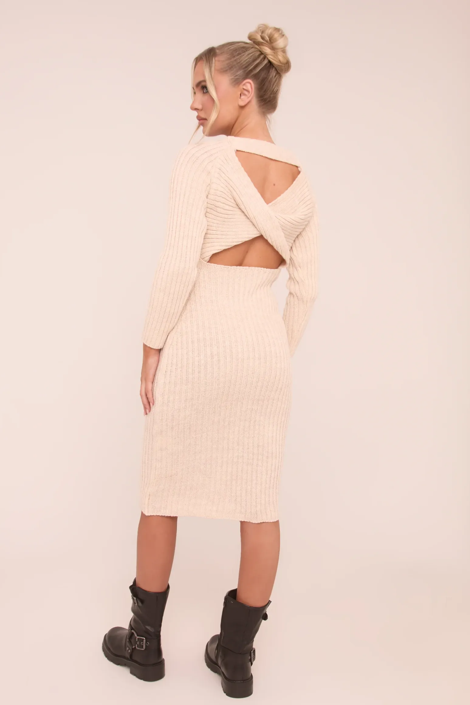 Rebellious Fashion Beige Open Twist Back Midi Bodycon Jumper Dress - Karrah