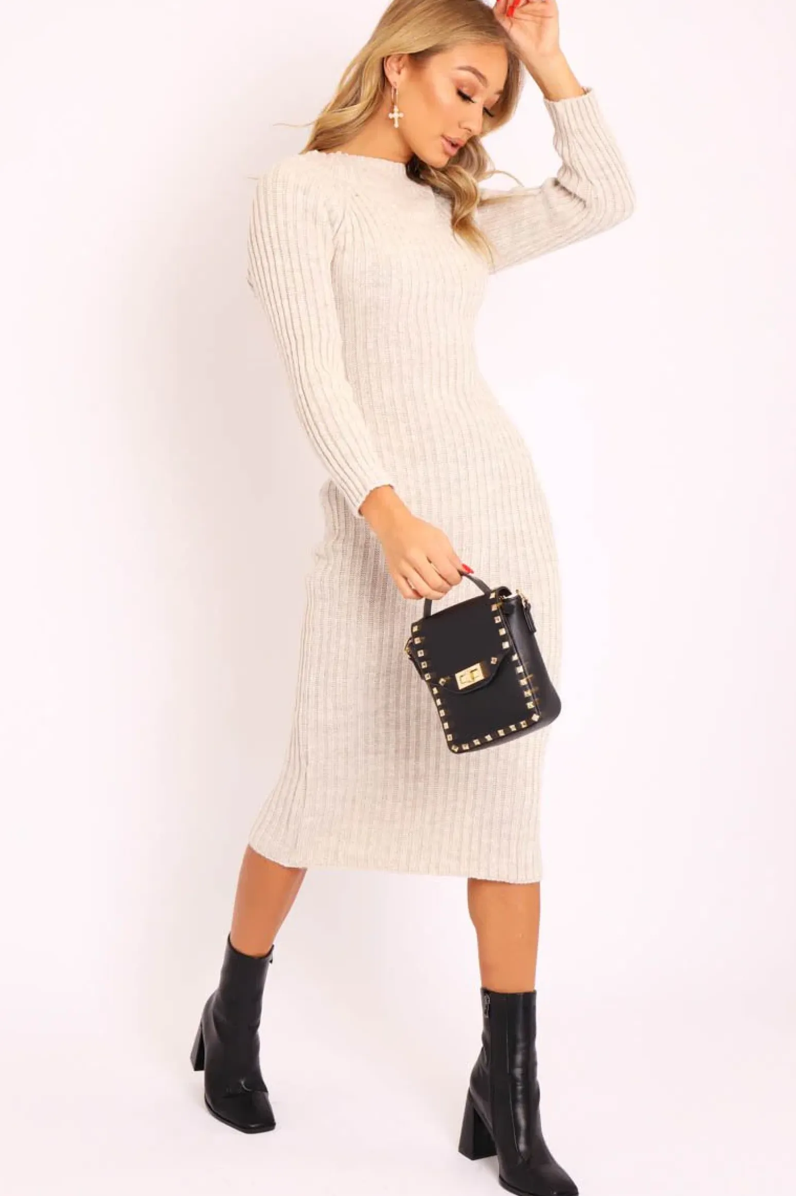 Rebellious Fashion Beige Open Twist Back Midi Bodycon Jumper Dress - Karrah