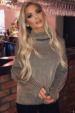 Rebellious Fashion Beige Ottoman Rib Roll Neck Jumper - Renee