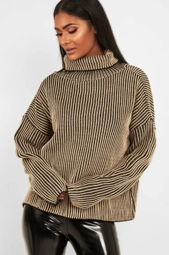 Rebellious Fashion Beige Ottoman Rib Roll Neck Jumper - Renee