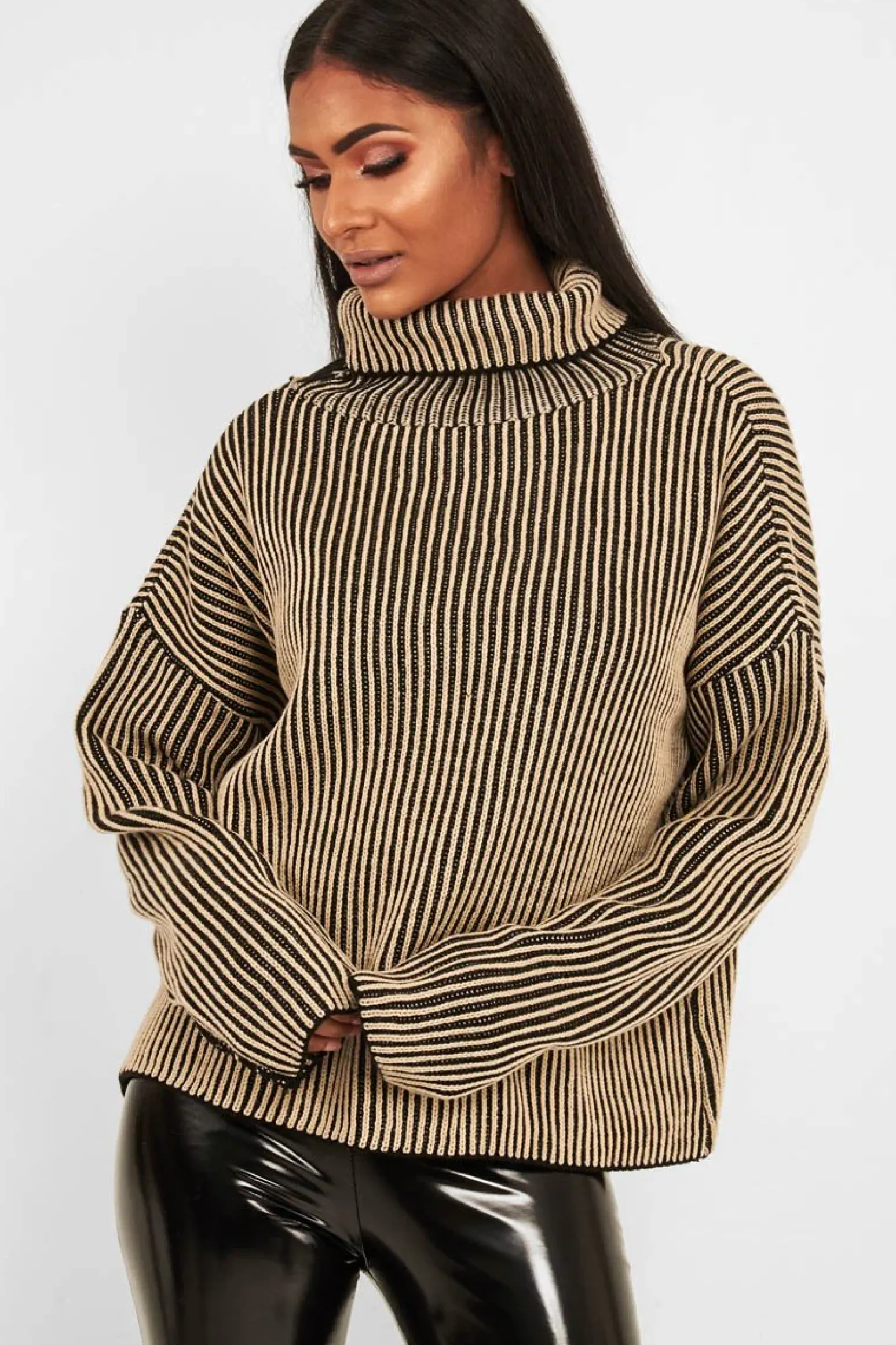 Rebellious Fashion Beige Ottoman Rib Roll Neck Jumper - Renee