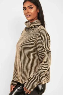 Rebellious Fashion Beige Ottoman Rib Roll Neck Jumper - Renee