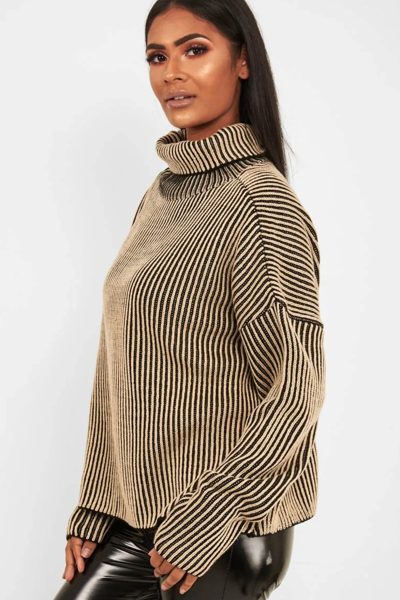 Rebellious Fashion Beige Ottoman Rib Roll Neck Jumper - Renee