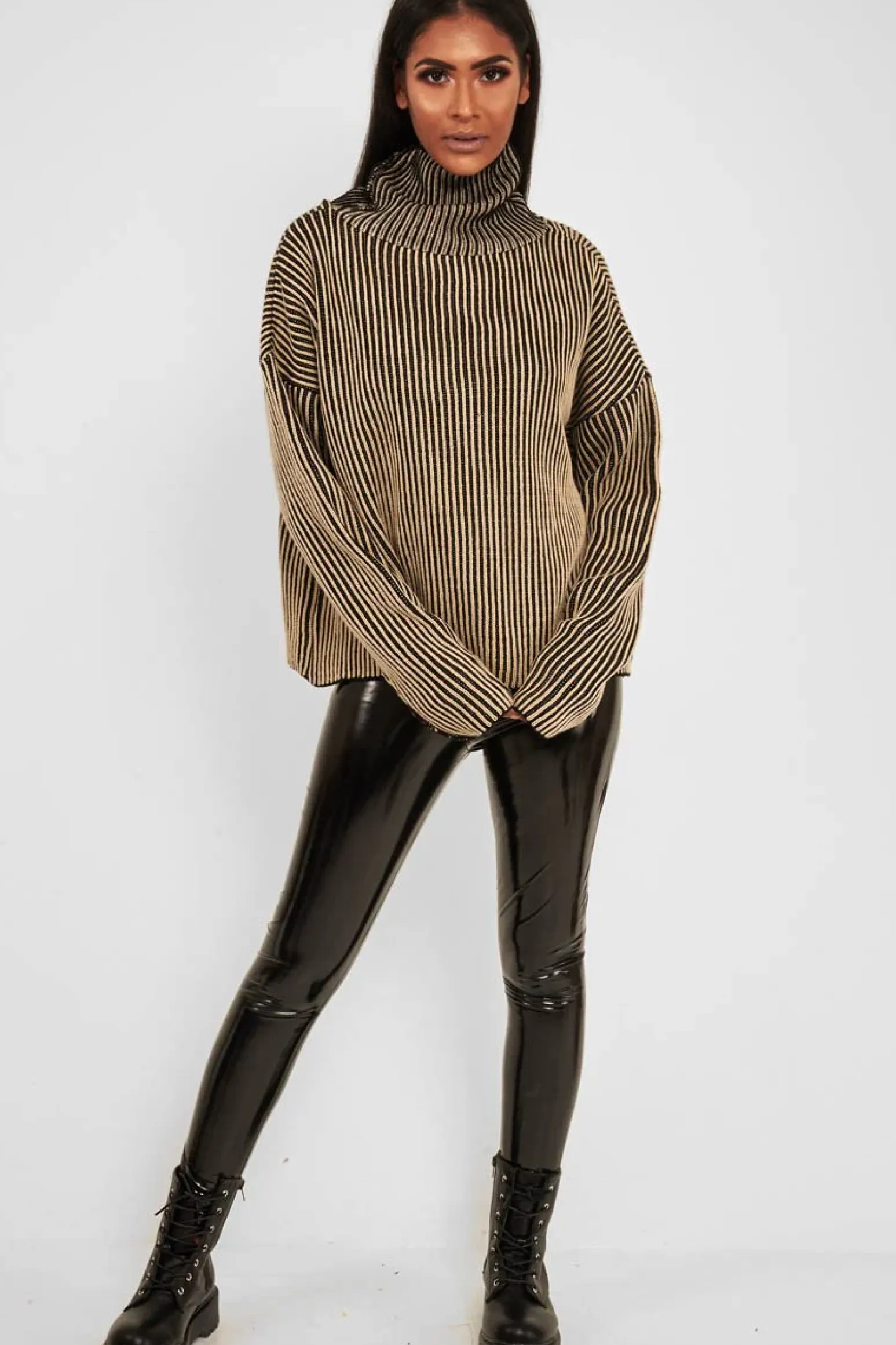 Rebellious Fashion Beige Ottoman Rib Roll Neck Jumper - Renee