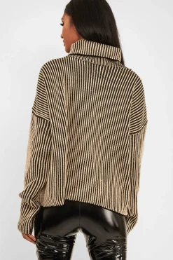 Rebellious Fashion Beige Ottoman Rib Roll Neck Jumper - Renee