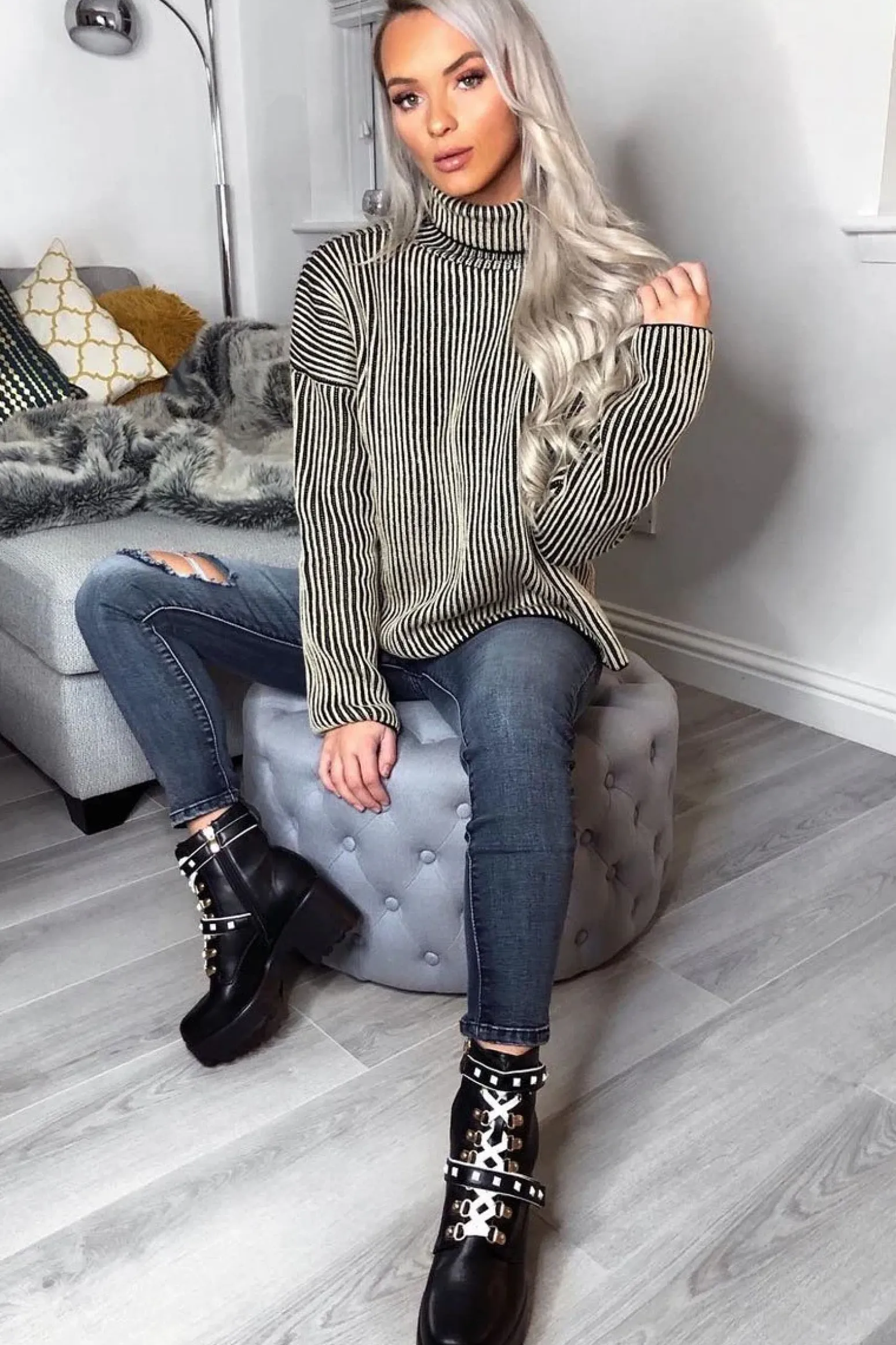 Rebellious Fashion Beige Ottoman Rib Roll Neck Jumper - Renee