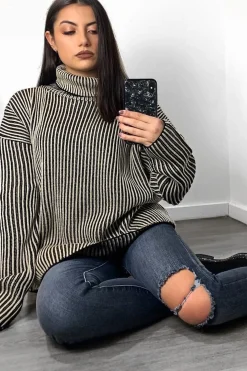 Rebellious Fashion Beige Ottoman Rib Roll Neck Jumper - Renee
