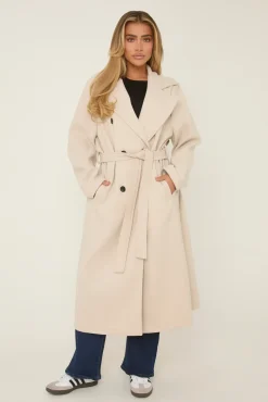 Rebellious Fashion Beige Oversized Double Breasted Wool Look Coat - Eloise