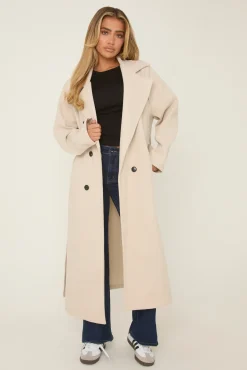Rebellious Fashion Beige Oversized Double Breasted Wool Look Coat - Eloise