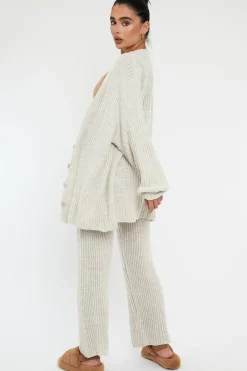Rebellious Fashion Beige Oversized Knit Cardigan & Trouser Set - Marra