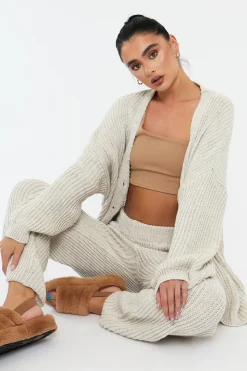 Rebellious Fashion Beige Oversized Knit Cardigan & Trouser Set - Marra