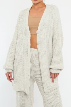 Rebellious Fashion Beige Oversized Knit Cardigan & Trouser Set - Marra