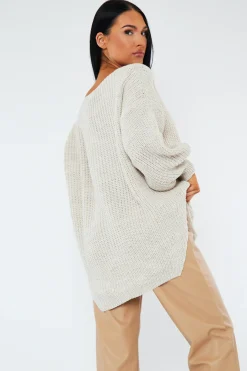 Rebellious Fashion Beige Oversized Knit V Neck Sweater - Evelyn