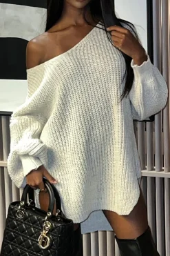 Rebellious Fashion Beige Oversized Knit V Neck Sweater - Evelyn