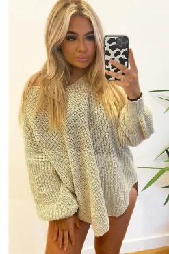 Rebellious Fashion Beige Oversized Knit V Neck Sweater - Evelyn