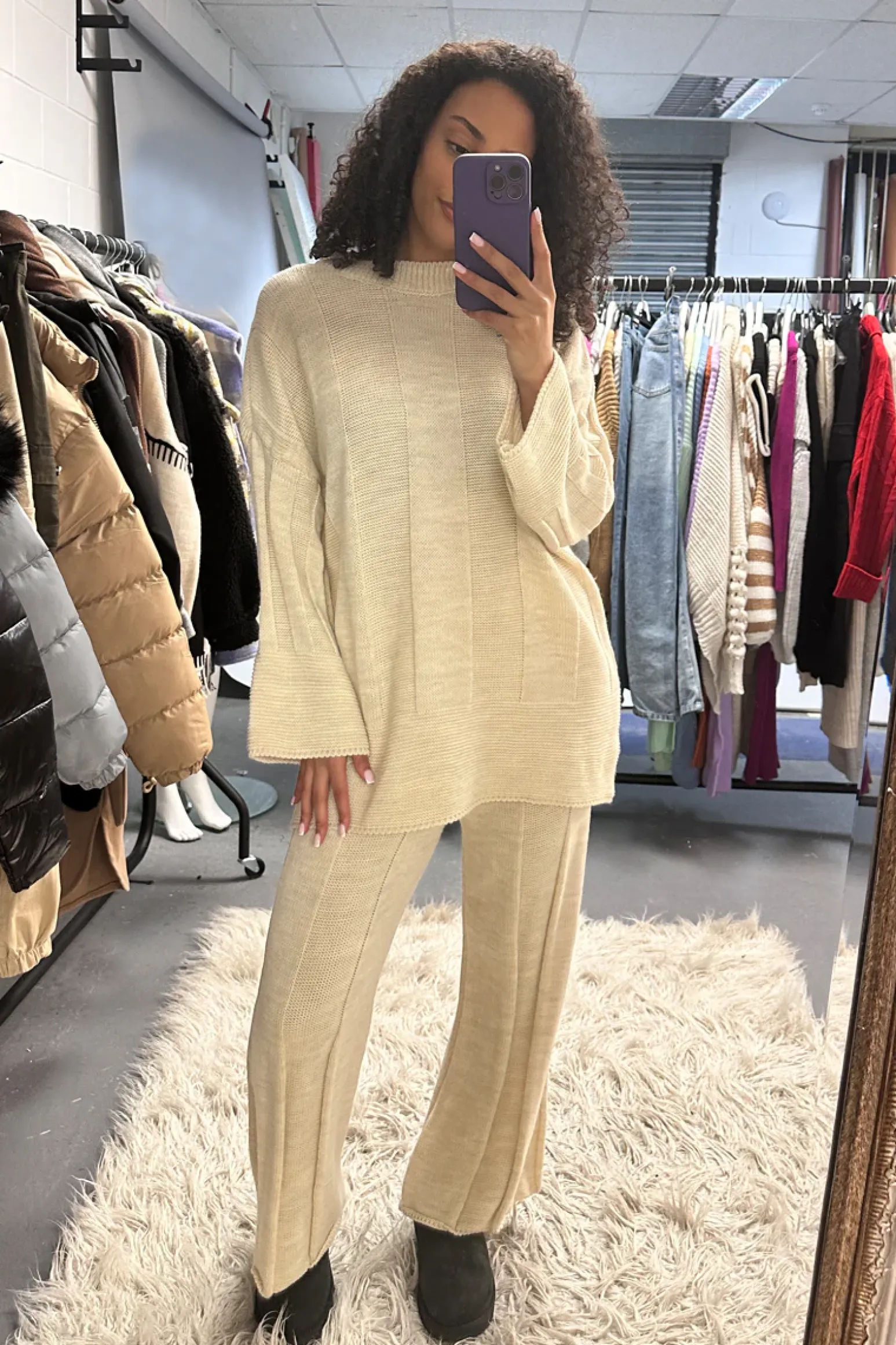 Rebellious Fashion Beige Oversized Round Neck Knitted Co-ord Set - Pihu