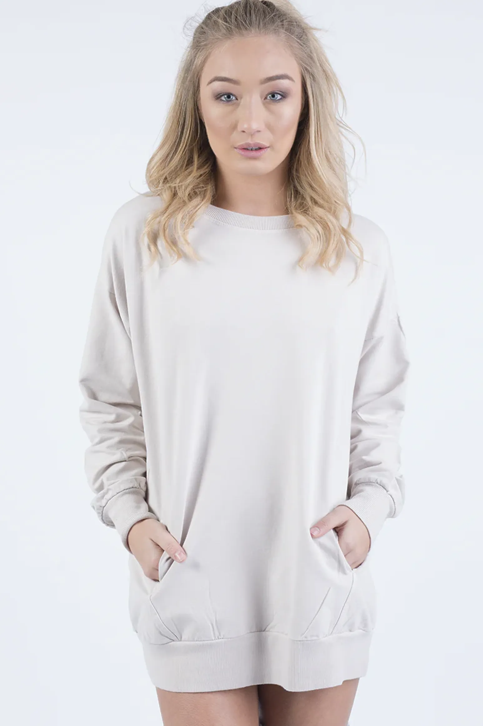 Rebellious Fashion Beige Oversized Ruched Sleeve Jumper Dress - Hayley