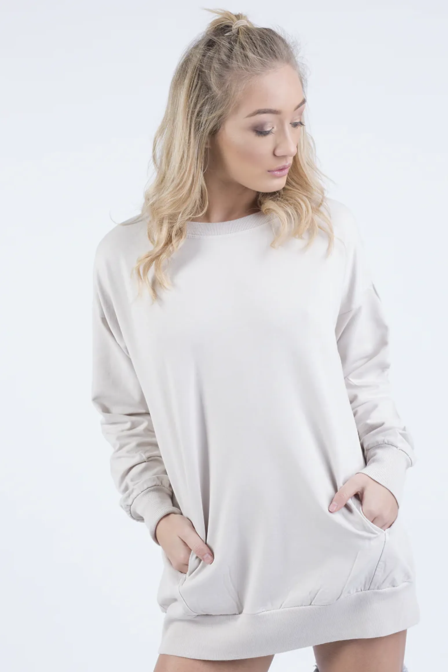 Rebellious Fashion Beige Oversized Ruched Sleeve Jumper Dress - Hayley