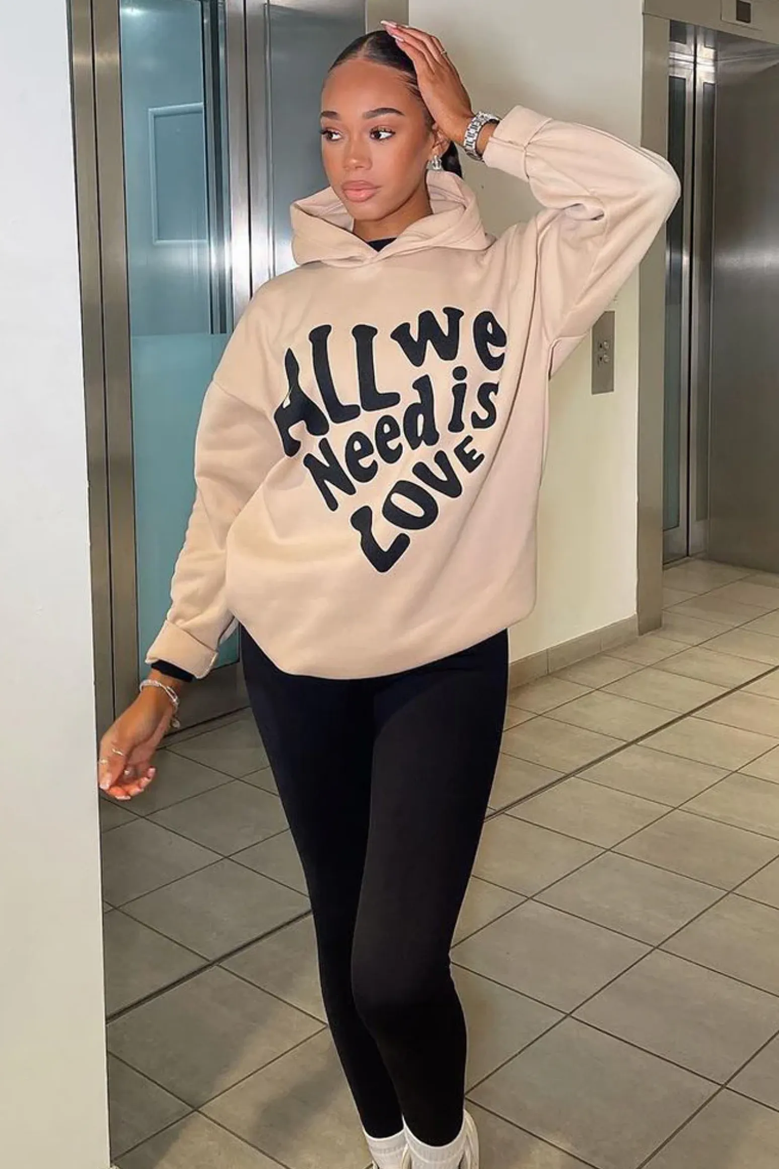 Rebellious Fashion Beige Oversized Slogan Hoodie - Sora